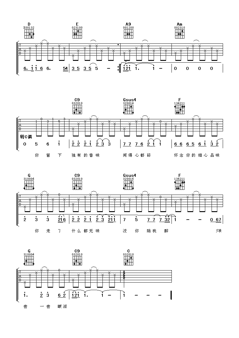 《女人香》吉他谱六线谱_A调_张学友