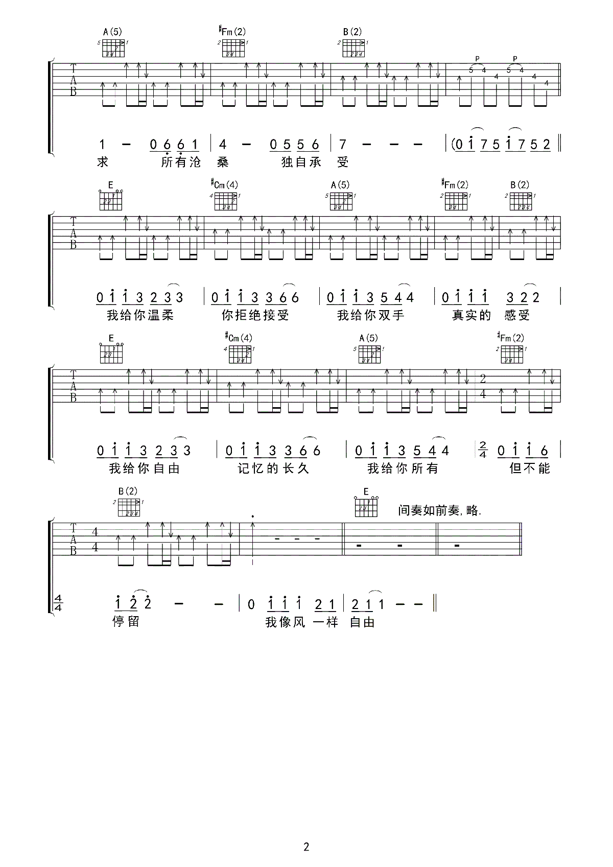 《像风一样自由》吉他谱六线谱(华彩版)_E调_许巍