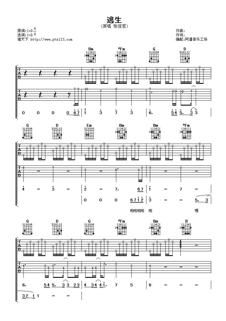 《逃生》吉他谱六线谱D调_张信哲