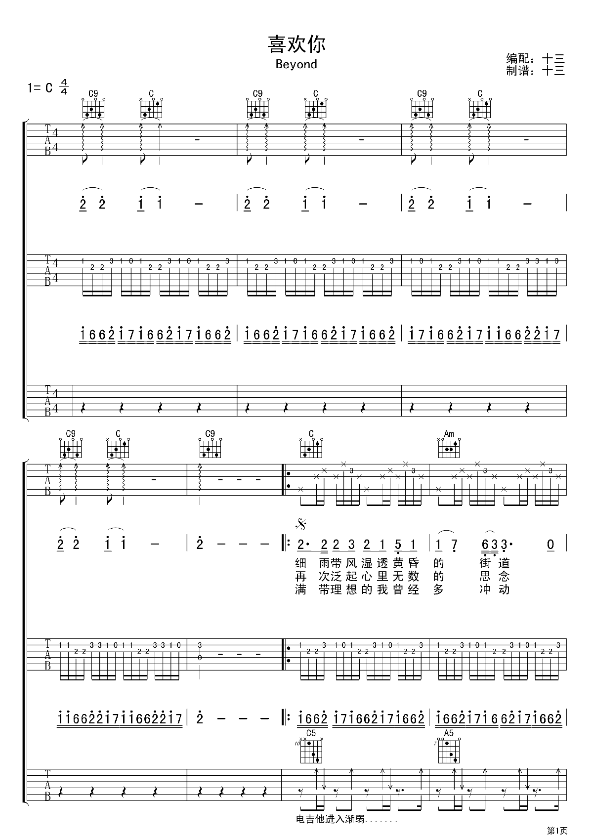《喜欢你》吉他谱六线谱(三吉他版)C调_beyond乐队