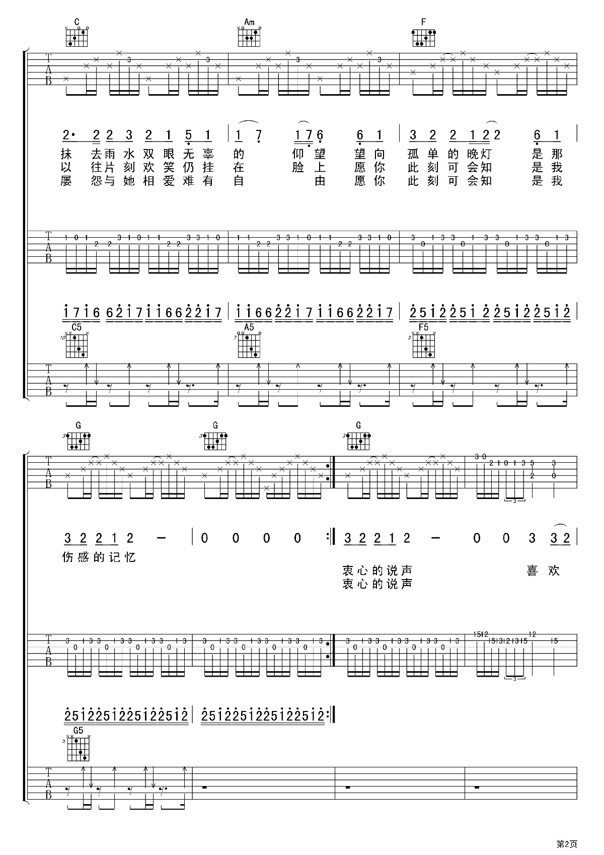 《喜欢你》吉他谱六线谱(三吉他版)C调_beyond乐队