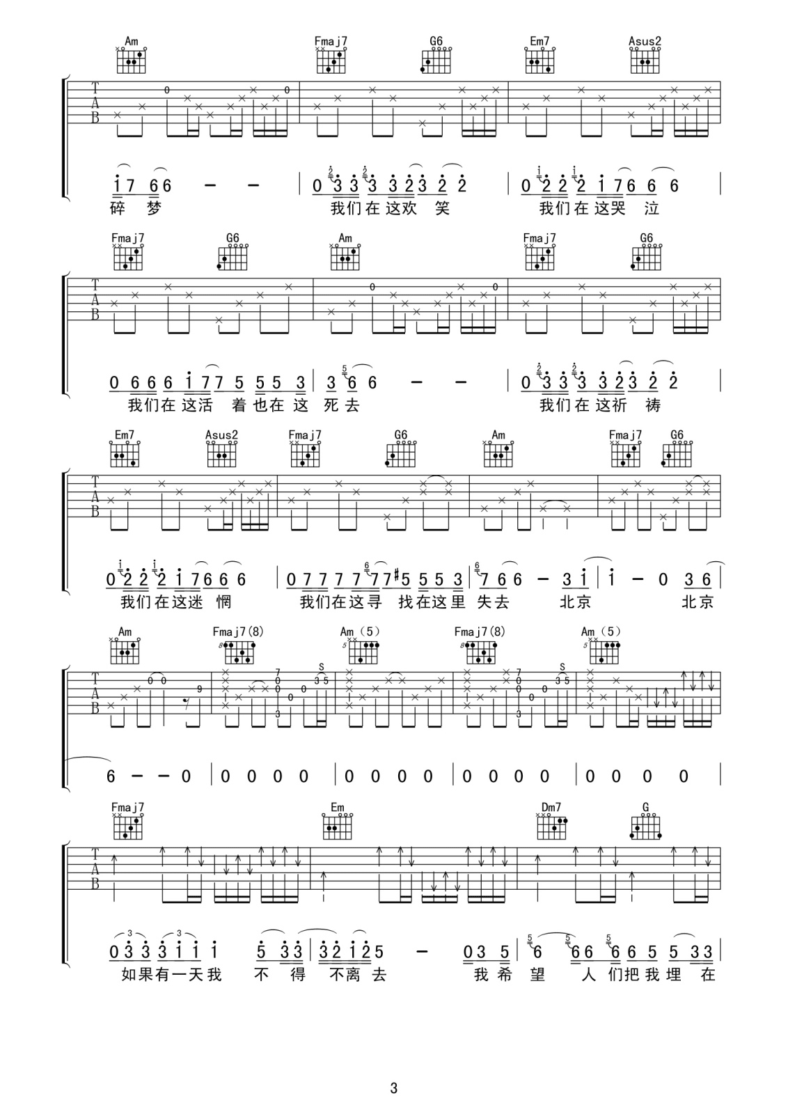 《北京北京》吉他谱六线谱C调喀什怒放版_汪峰