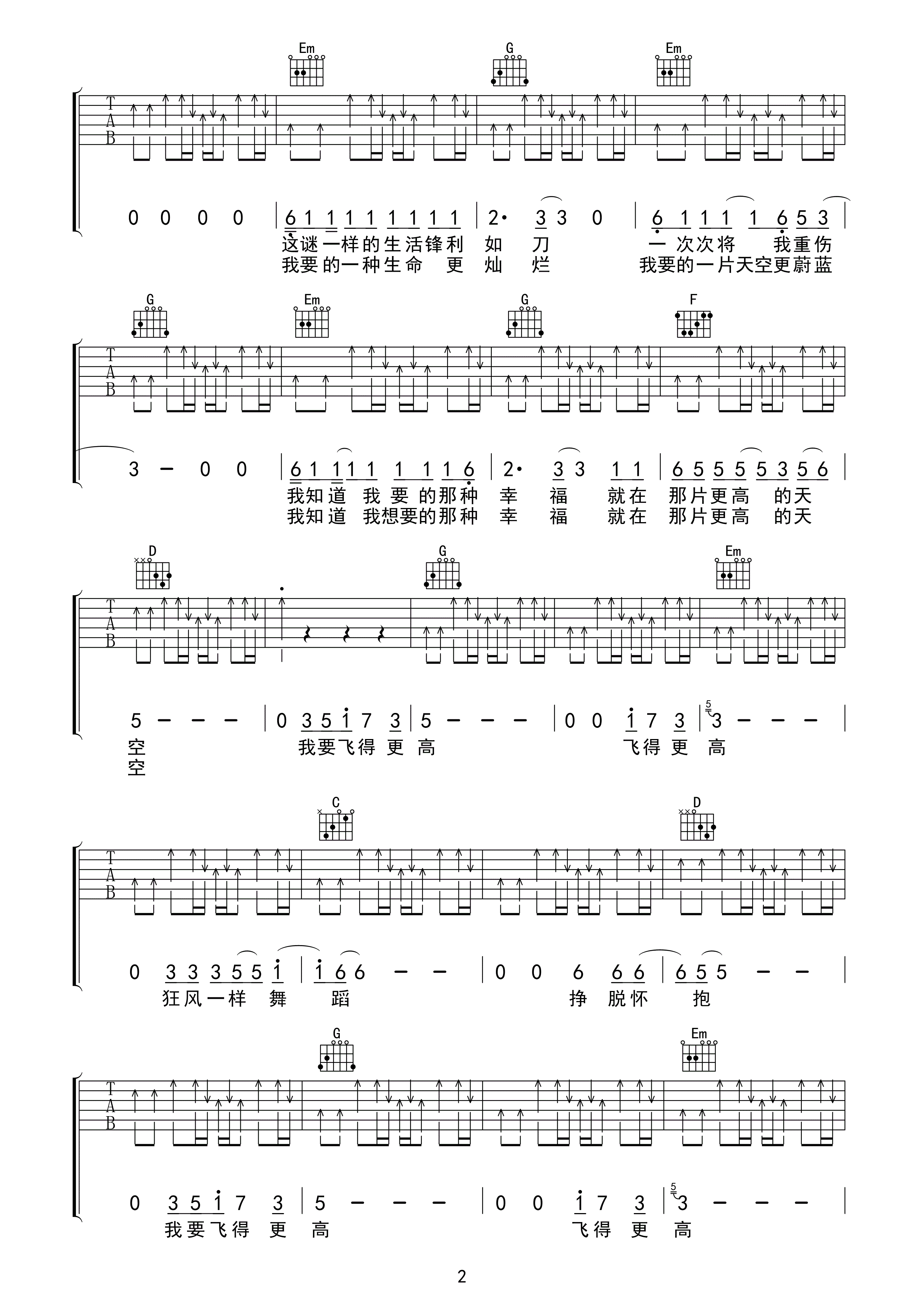 飞得更高吉他谱六线谱_图片谱(高清版)_汪峰