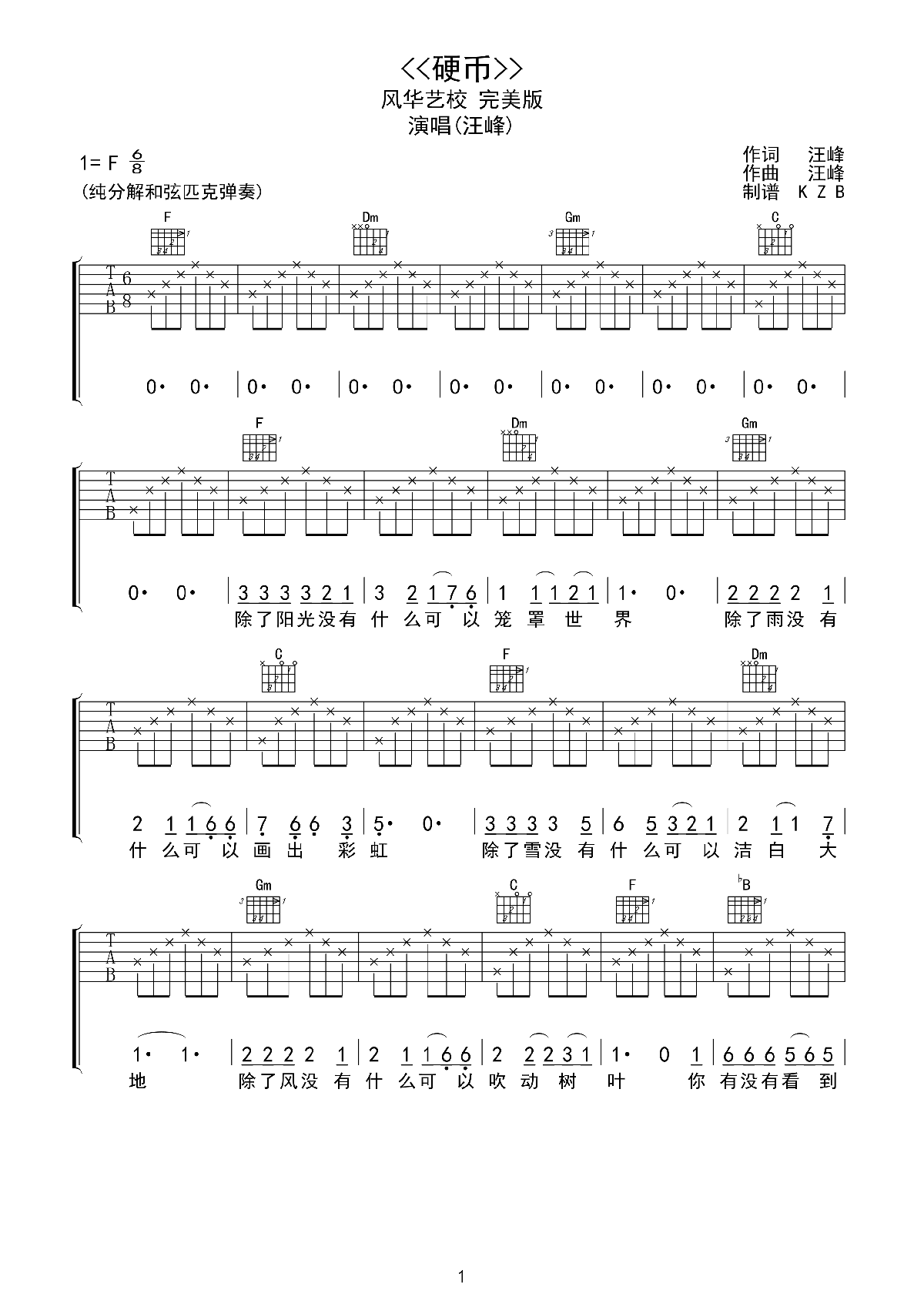 《硬币》吉他谱六线谱F调风华艺校(完美版)_汪峰