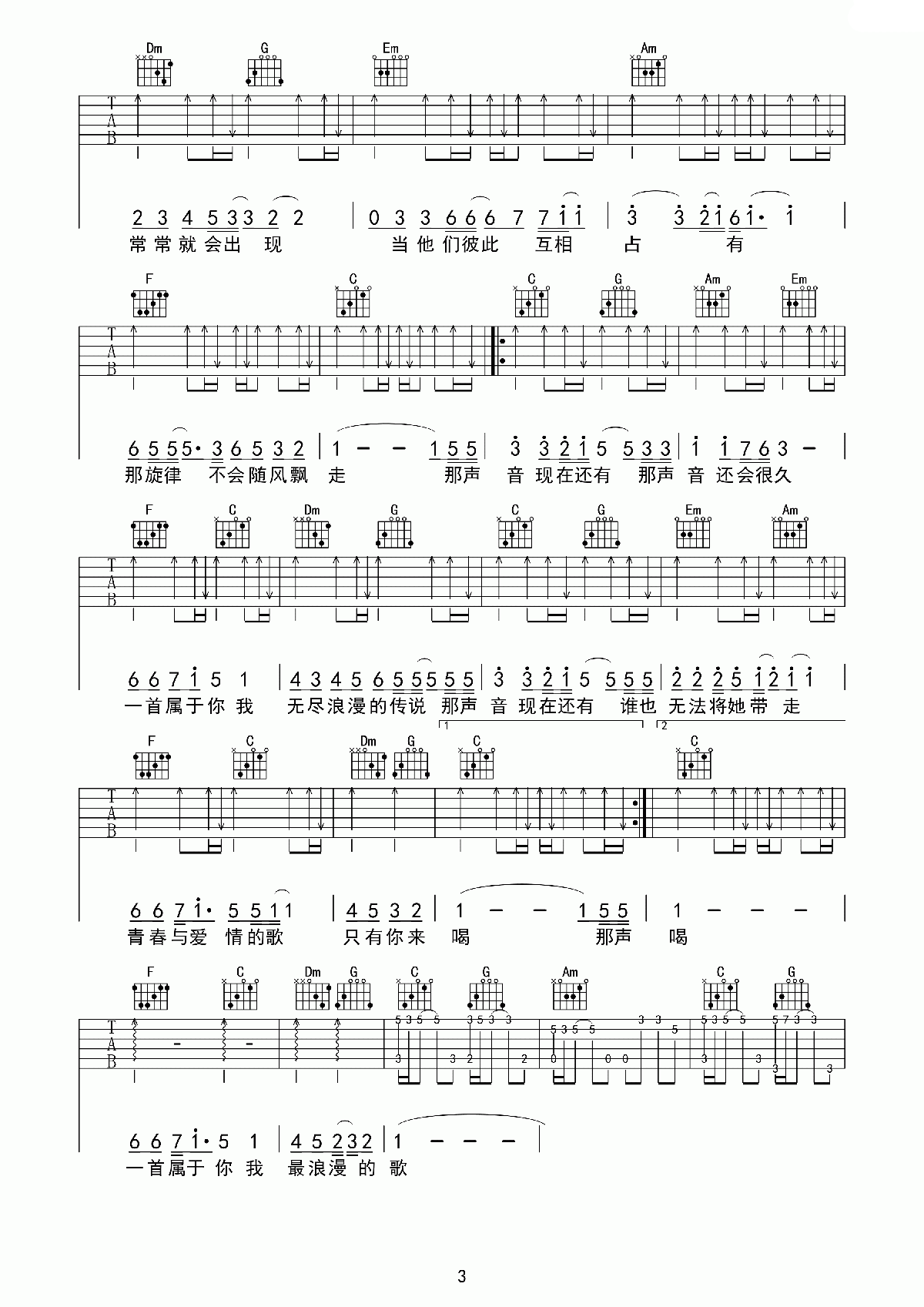 《青春与爱情》吉他谱六线谱C调4/4拍节奏_伍佰