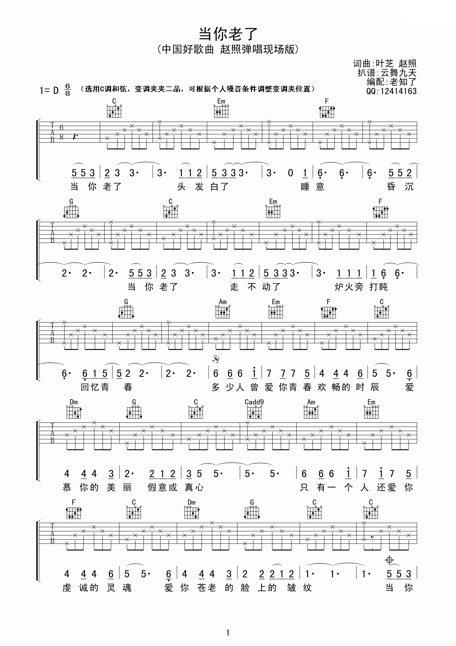 当你老了吉他谱 六线谱原调D调6/8拍节奏_赵照
