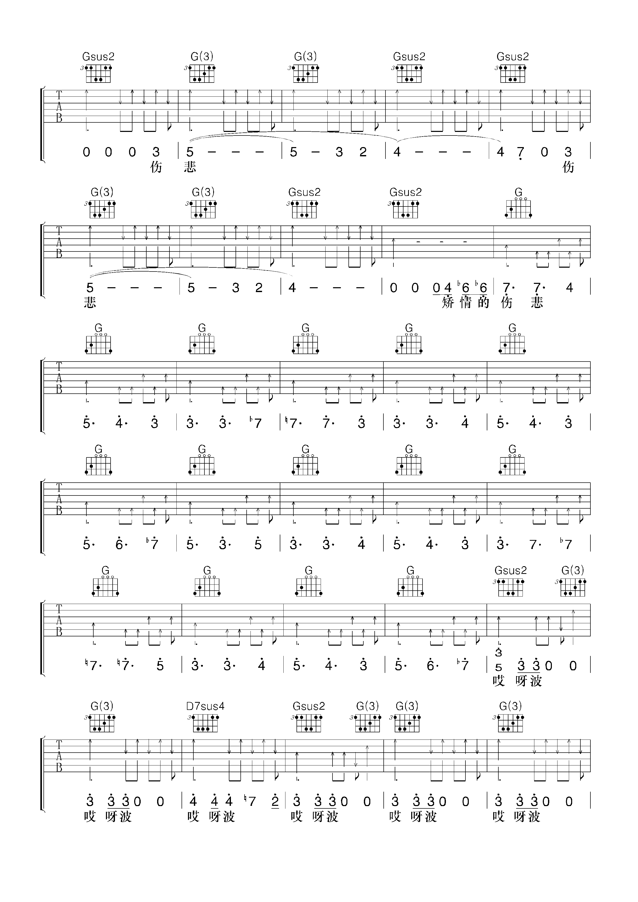 《矫情的伤悲》吉他谱六线谱原调#F_赵照