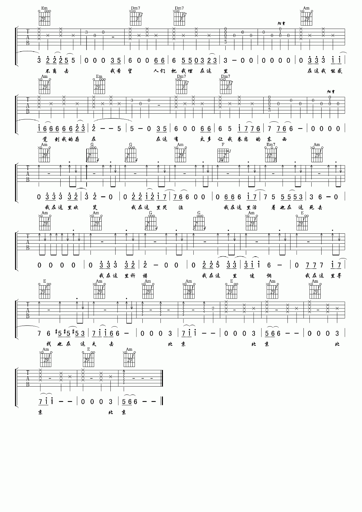 北京北京吉他谱 六线谱 原调降E调_旭日阳刚