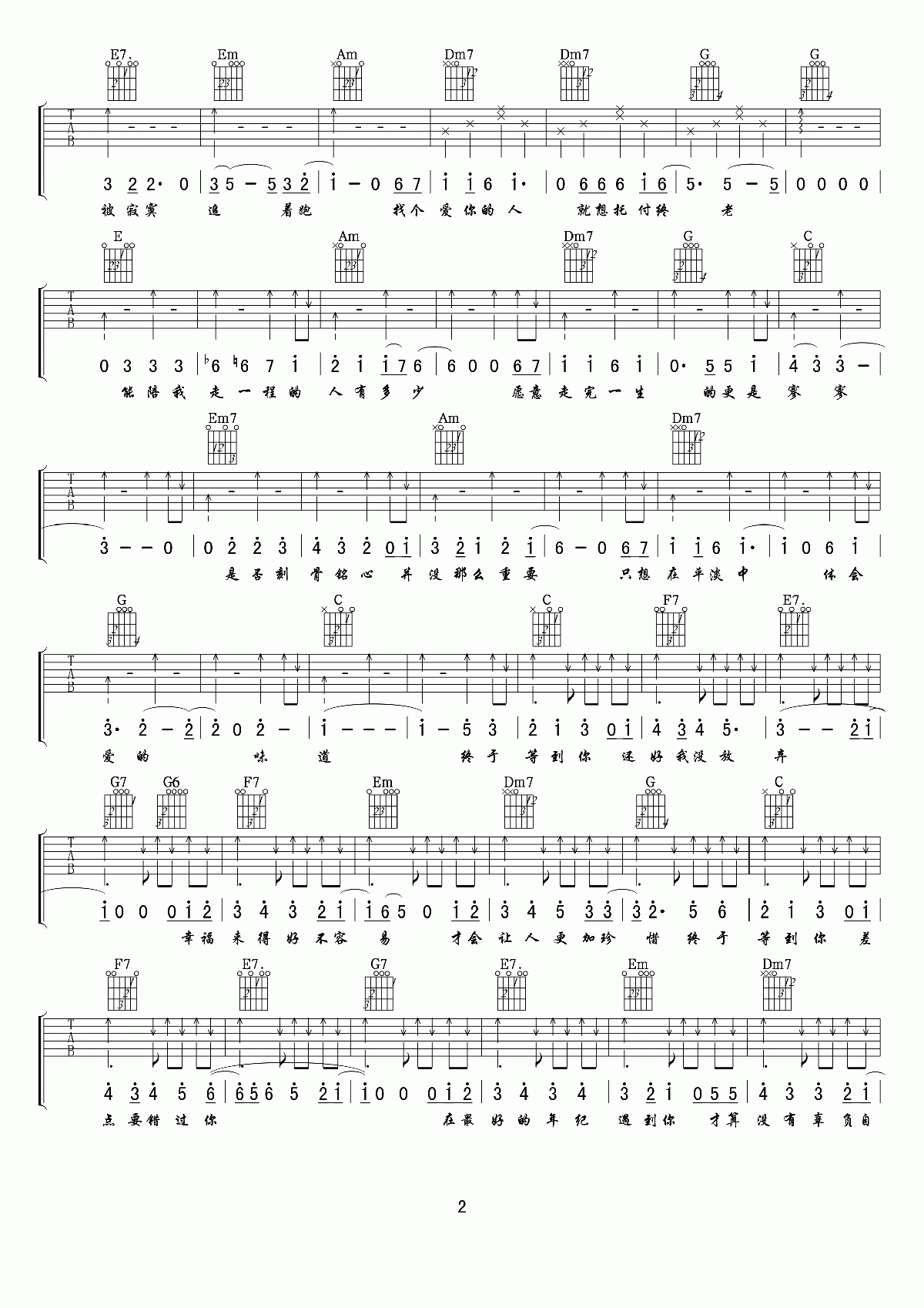 终于等到你吉他谱 六线谱E调_张靓颖