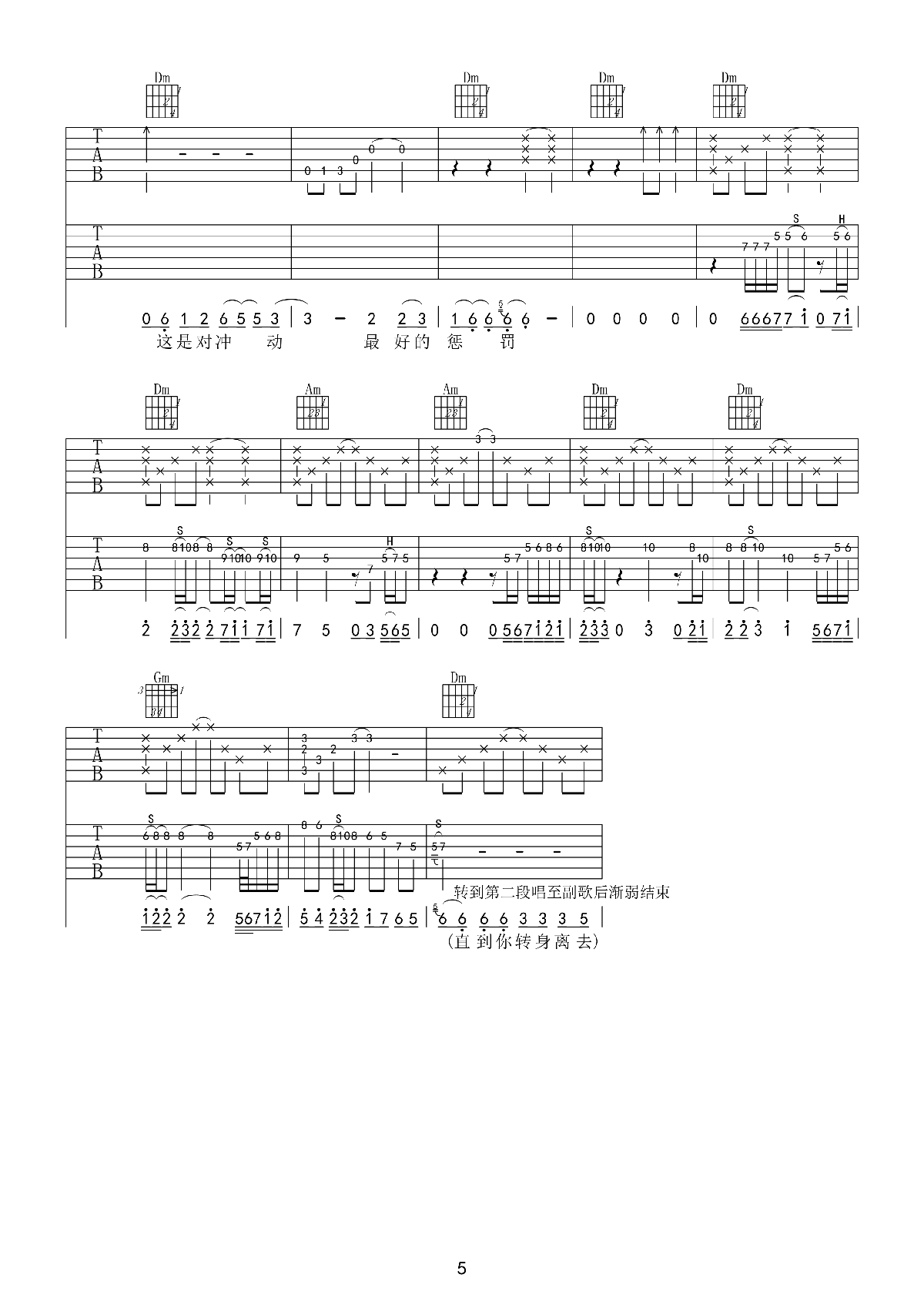 冲动的惩罚吉他谱 六线谱原调#F_刀郎