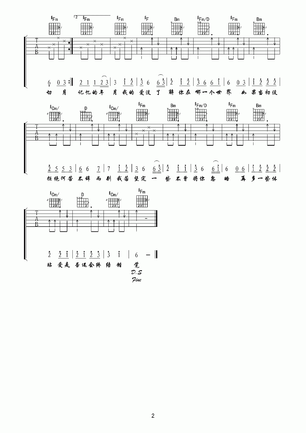 《爱情错觉》吉他谱六线谱A调2/4拍节奏_王娅