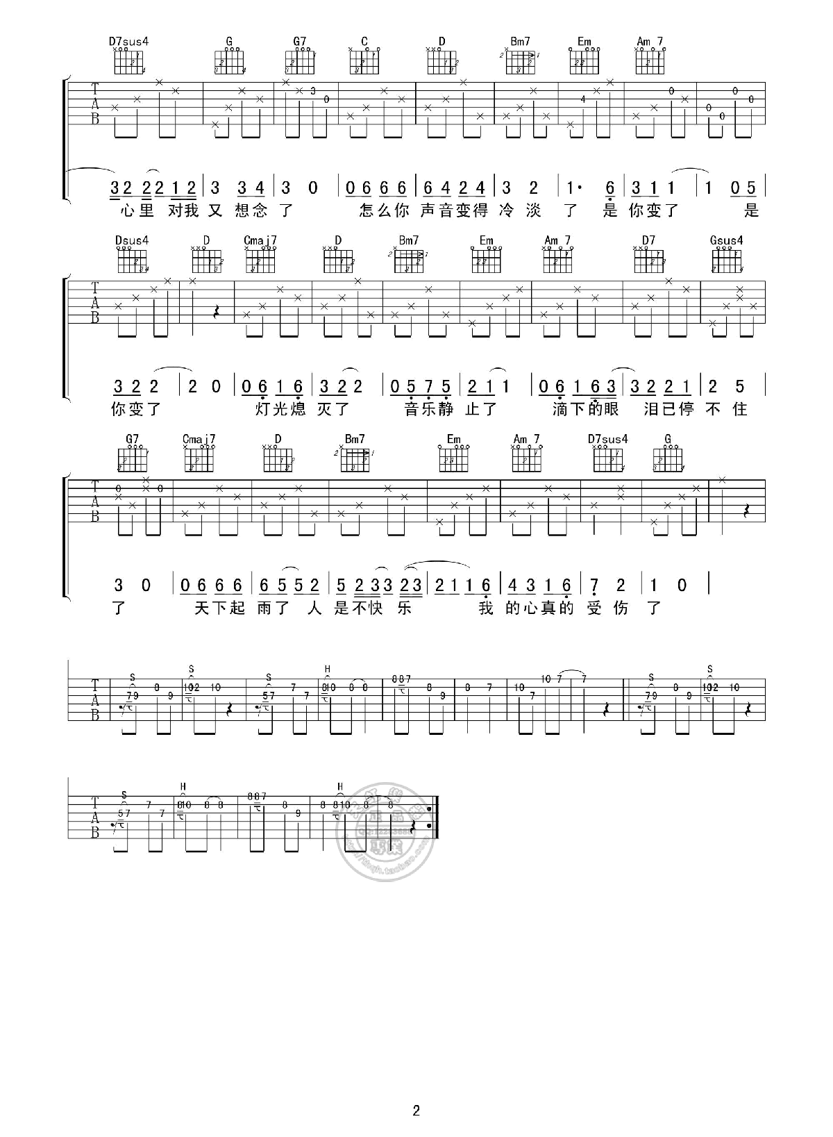 《我真的受伤了》吉他谱六线谱G调_张学友