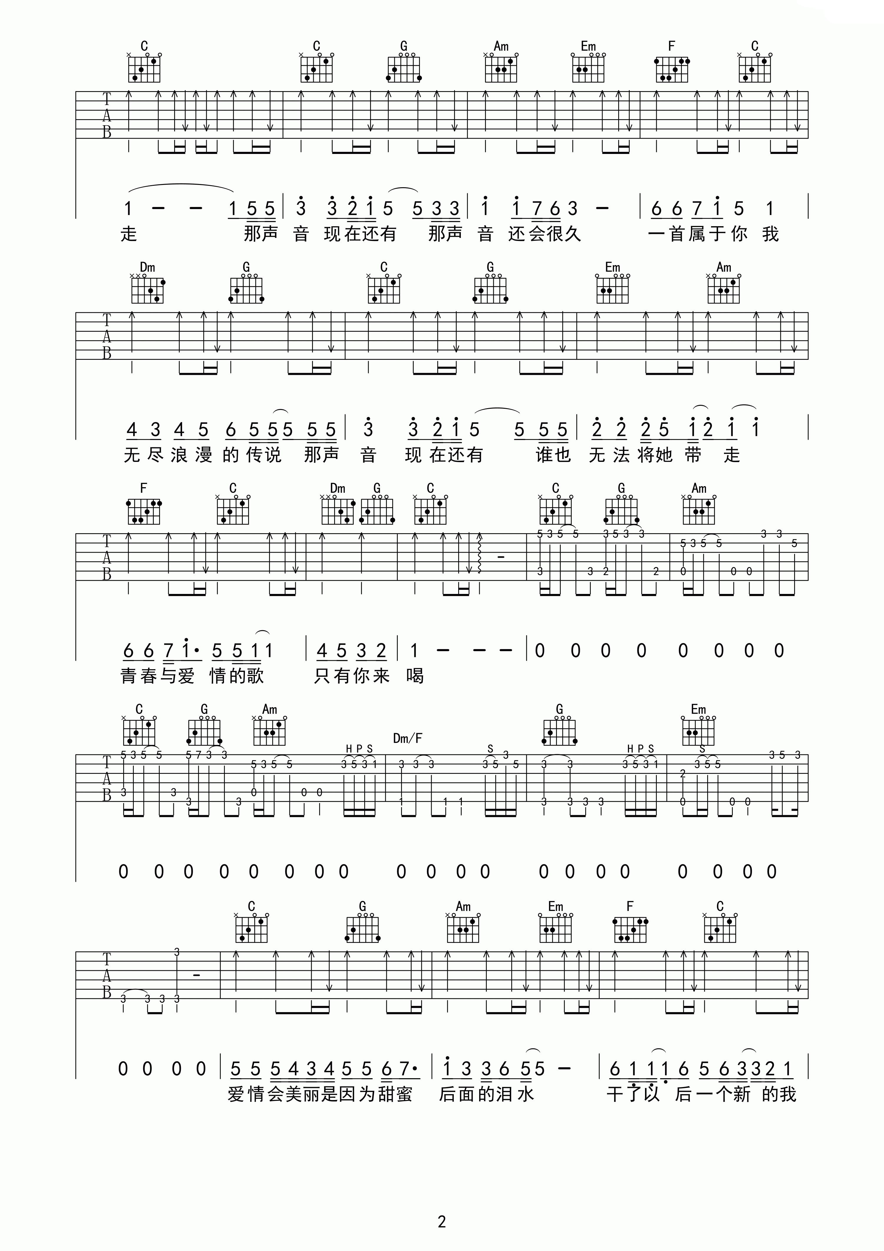 《青春与爱情》吉他谱六线谱C调_伍佰