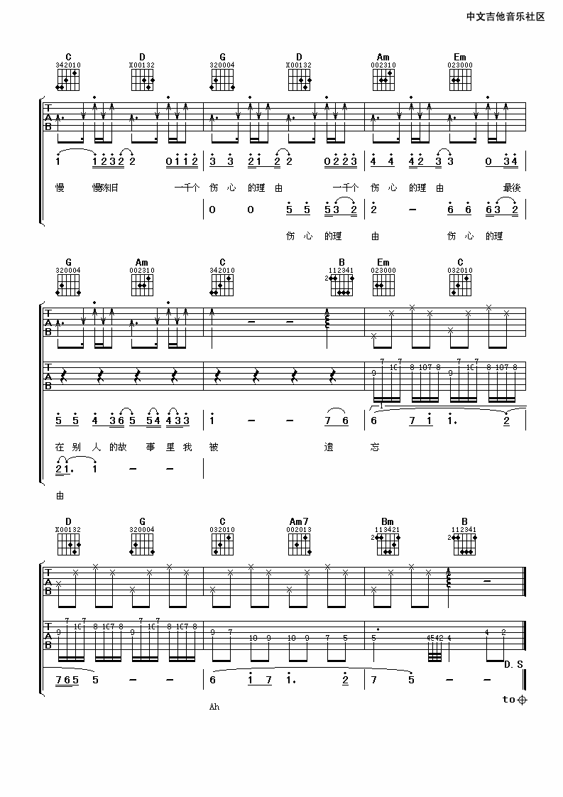 一千个伤心的理由吉他谱 六线谱G调_张学友