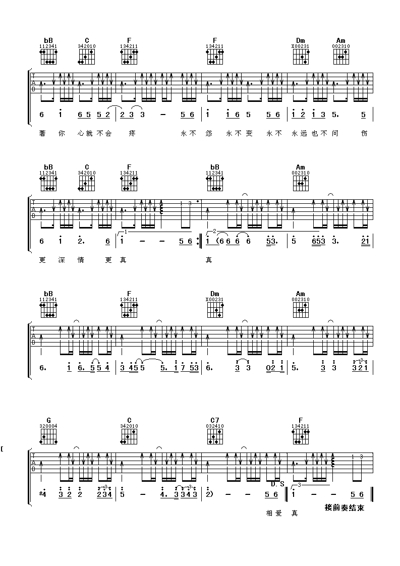 《心碎了无痕》吉他谱六线谱F调_张学友