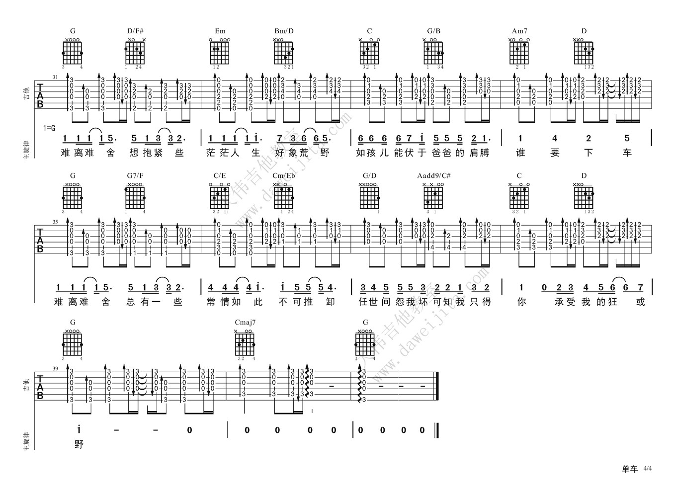 《单车》吉他谱六线谱G调大伟吉他版_陈奕迅