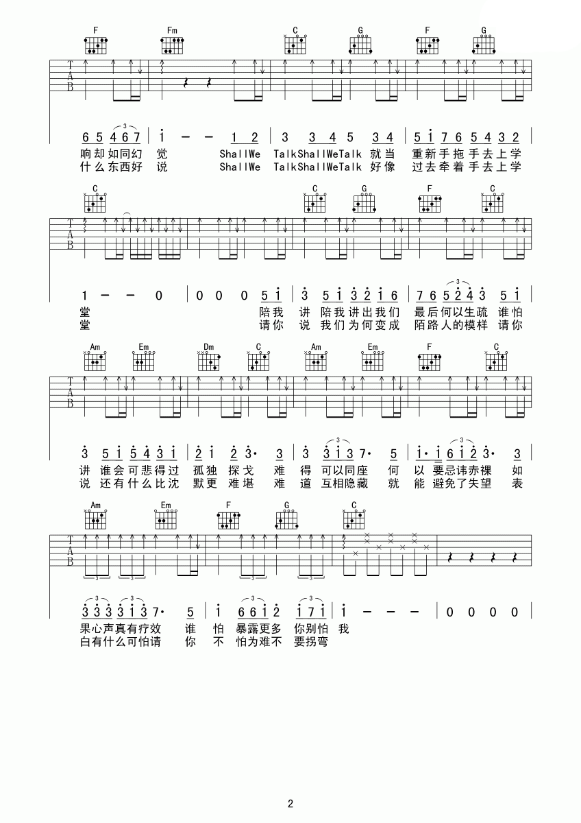 《Shall We Talk》吉他谱六线谱C调_陈奕迅