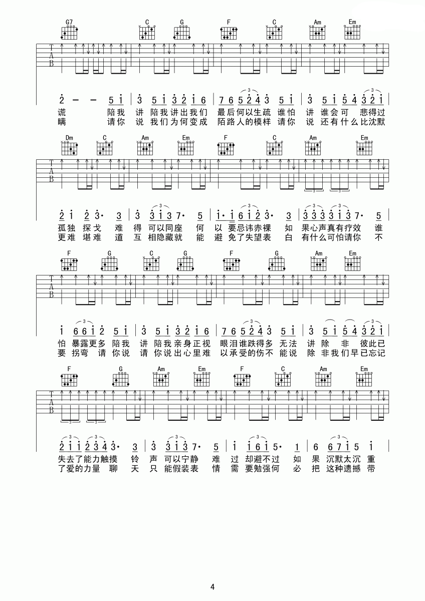 《Shall We Talk》吉他谱六线谱C调_陈奕迅