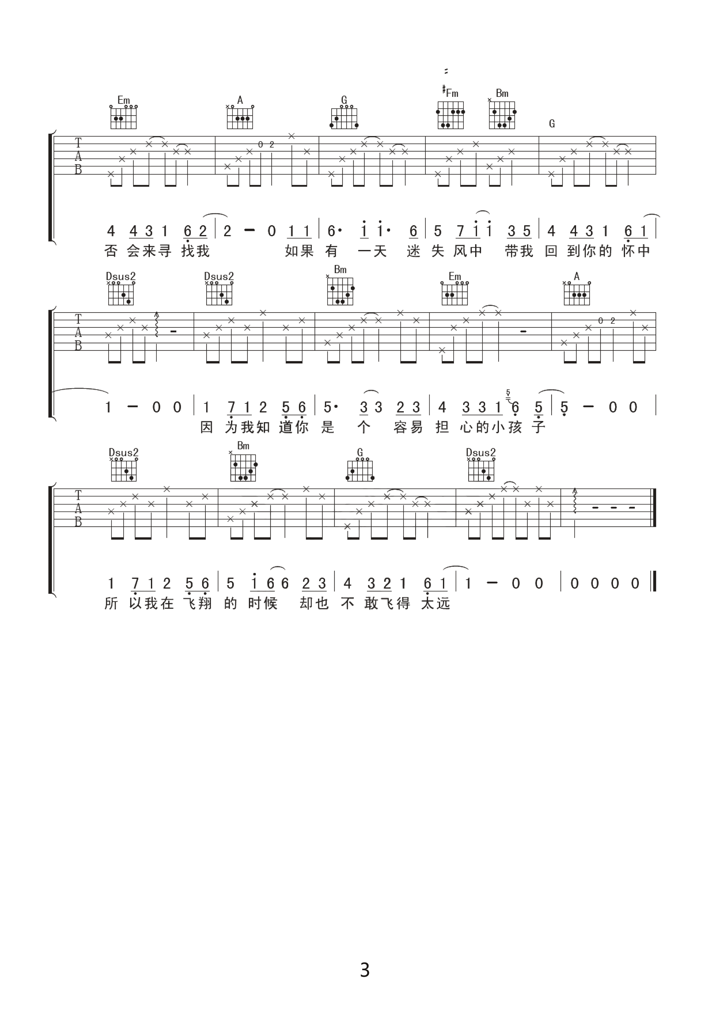 《风筝》吉他谱六线谱原调E调_陈升