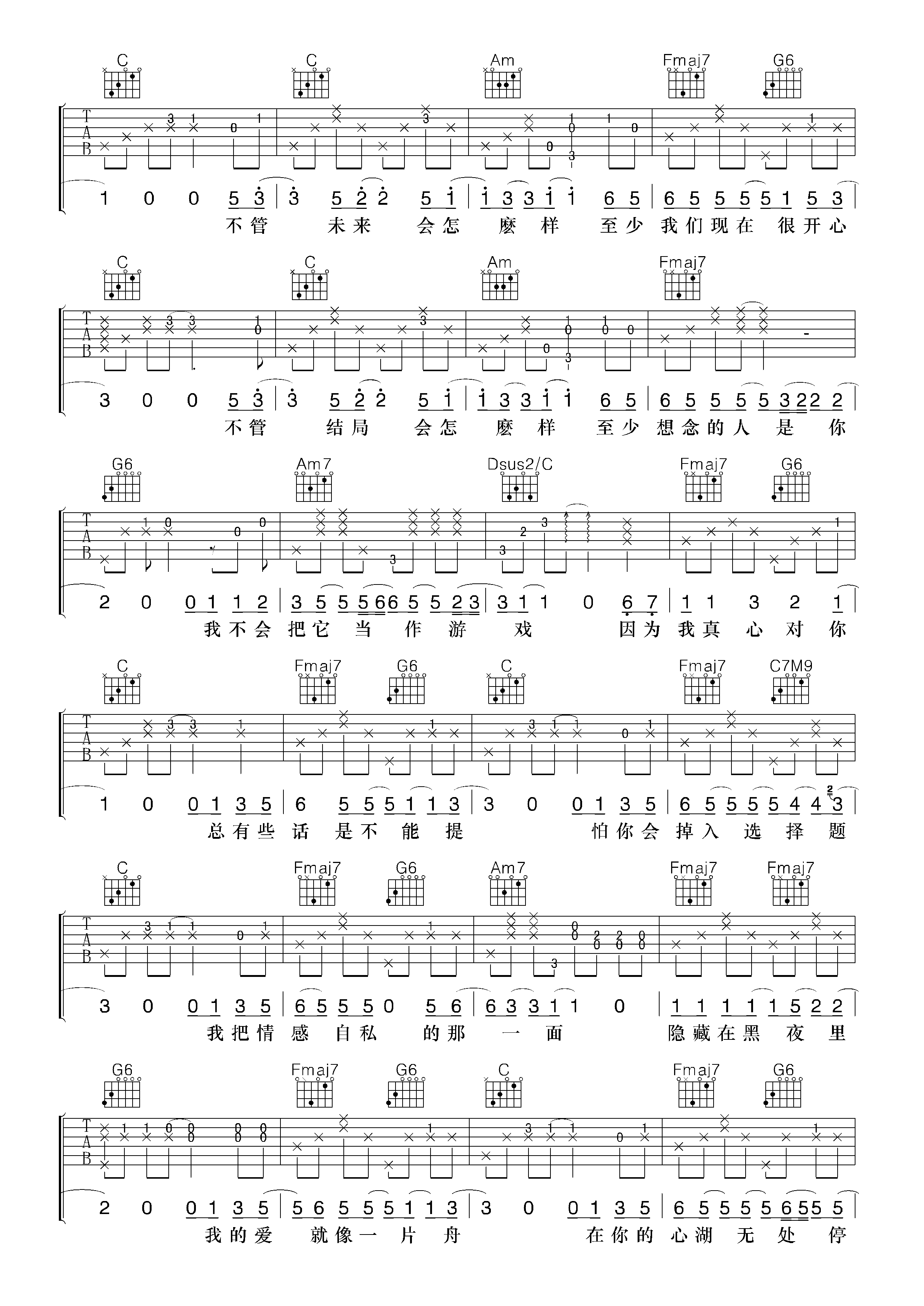 《小宇》吉他谱六线谱C调_张震岳