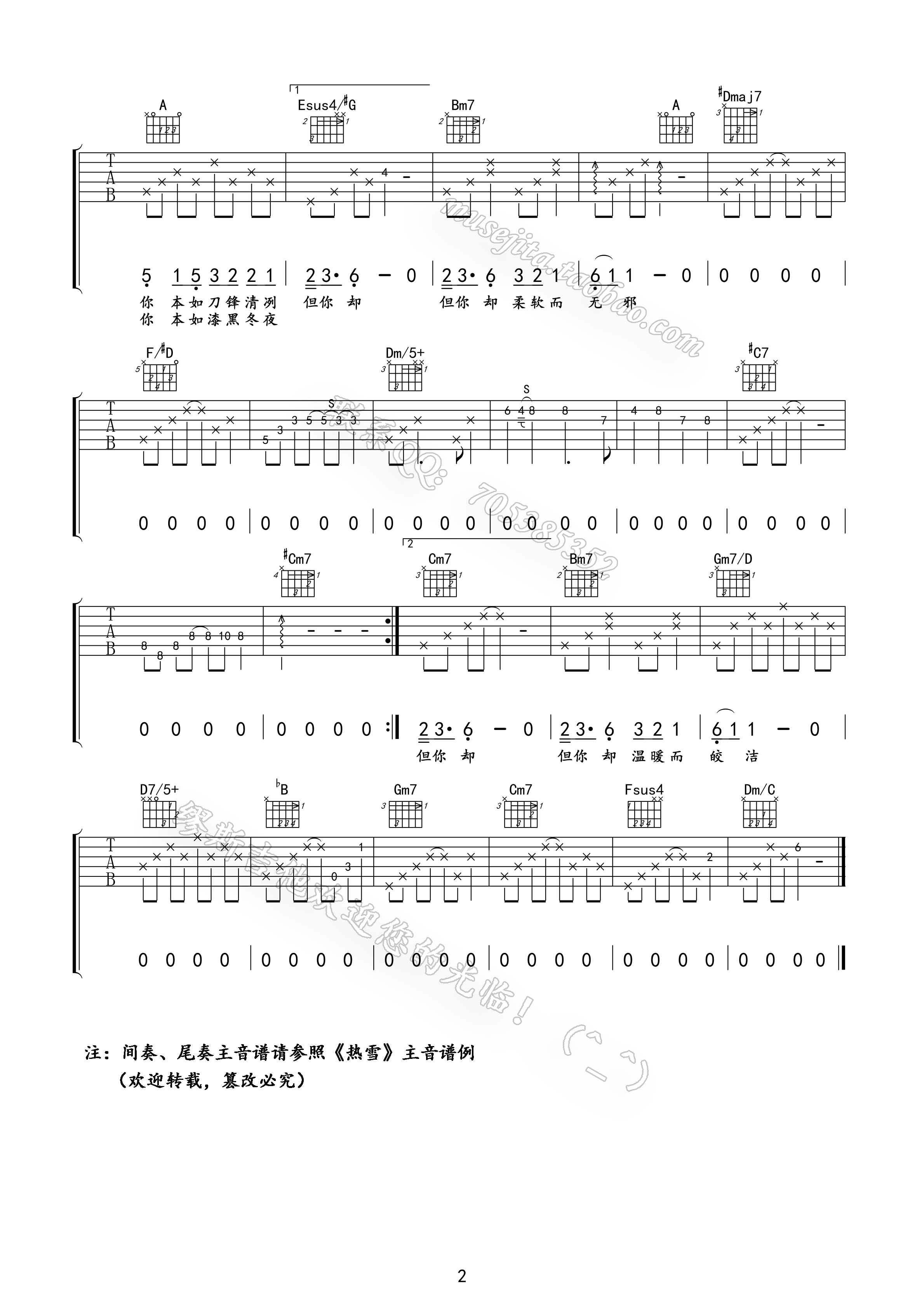 《热雪》吉他谱六线谱A调_魏晨