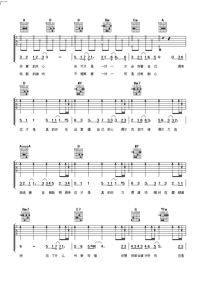 《原来这才是真的你》吉他谱六线谱D调_王心凌