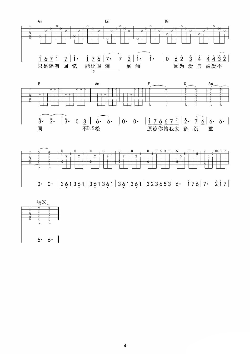 不痛六线谱 原调降E调吉他谱_樊凡