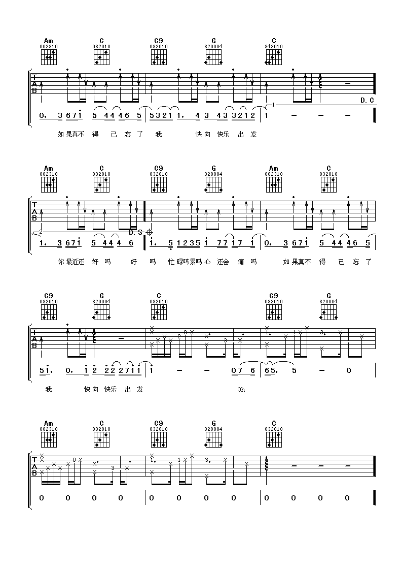 《你最近还好吗》吉他谱六线谱C调_S.H.E