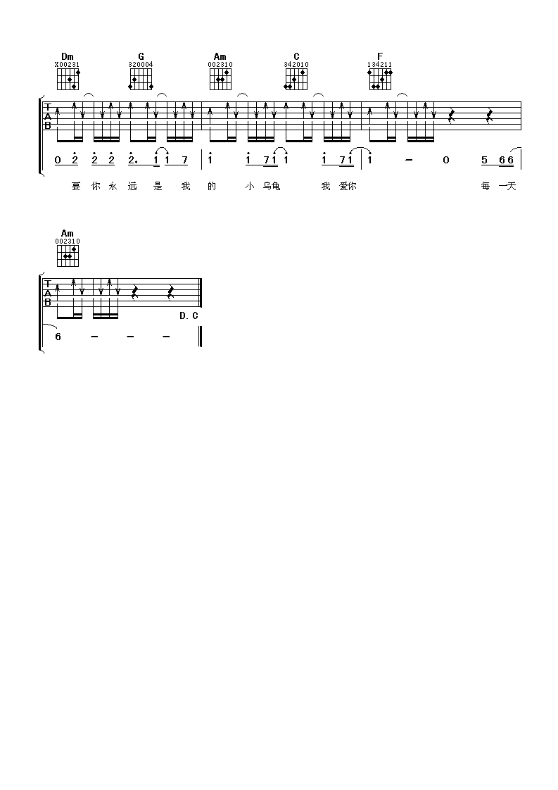 《小乌龟》吉他谱六线谱C调_张栋梁