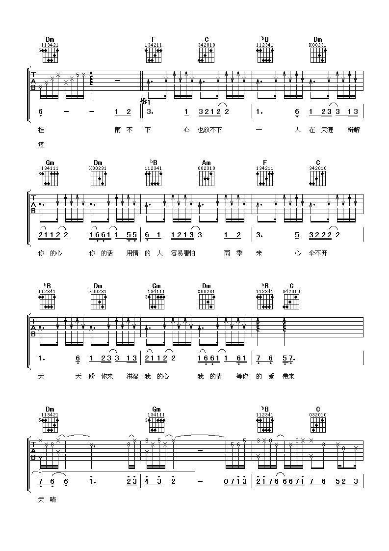 《不下雨就出太阳吧》吉他谱六线谱F调_孟庭苇