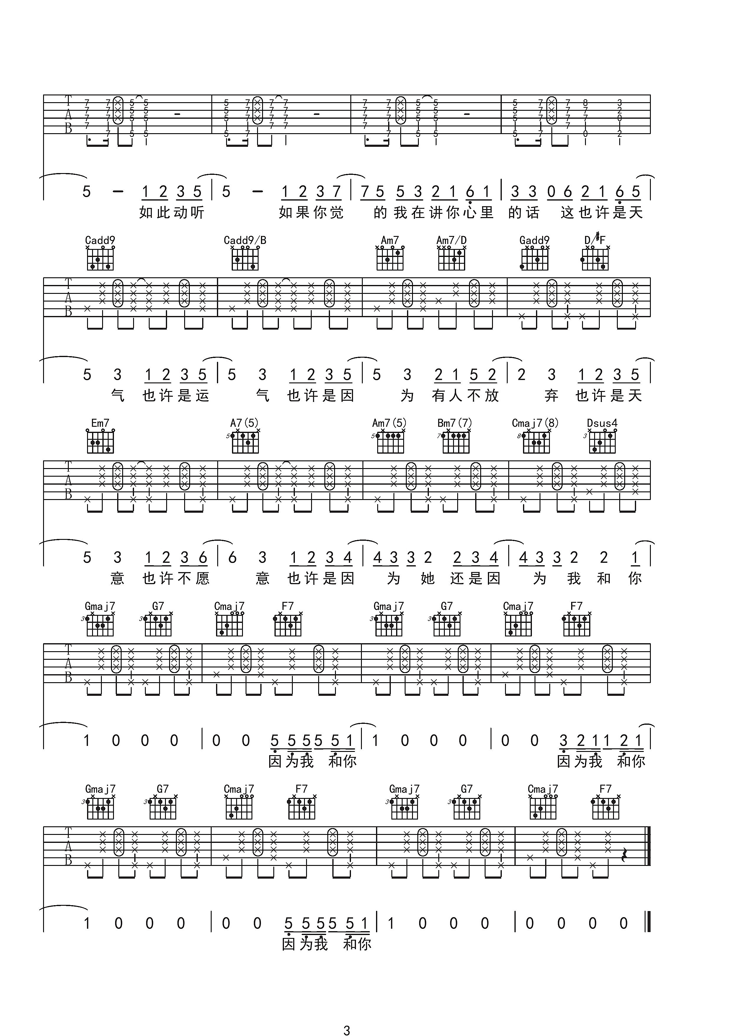 《因为你》吉他谱六线谱G调_方大同