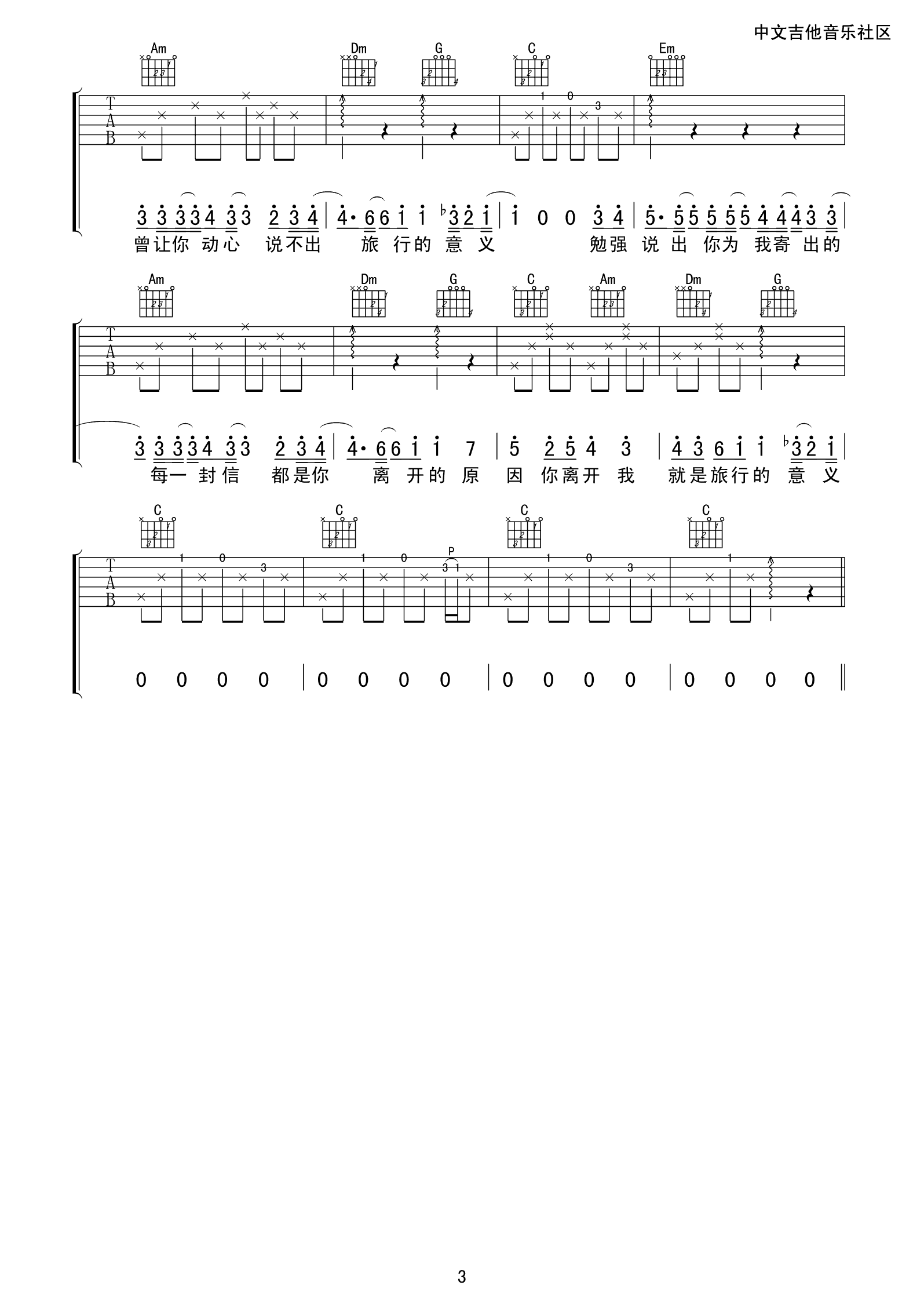 《旅行的意义》吉他谱六线谱C调简单版_陈绮贞