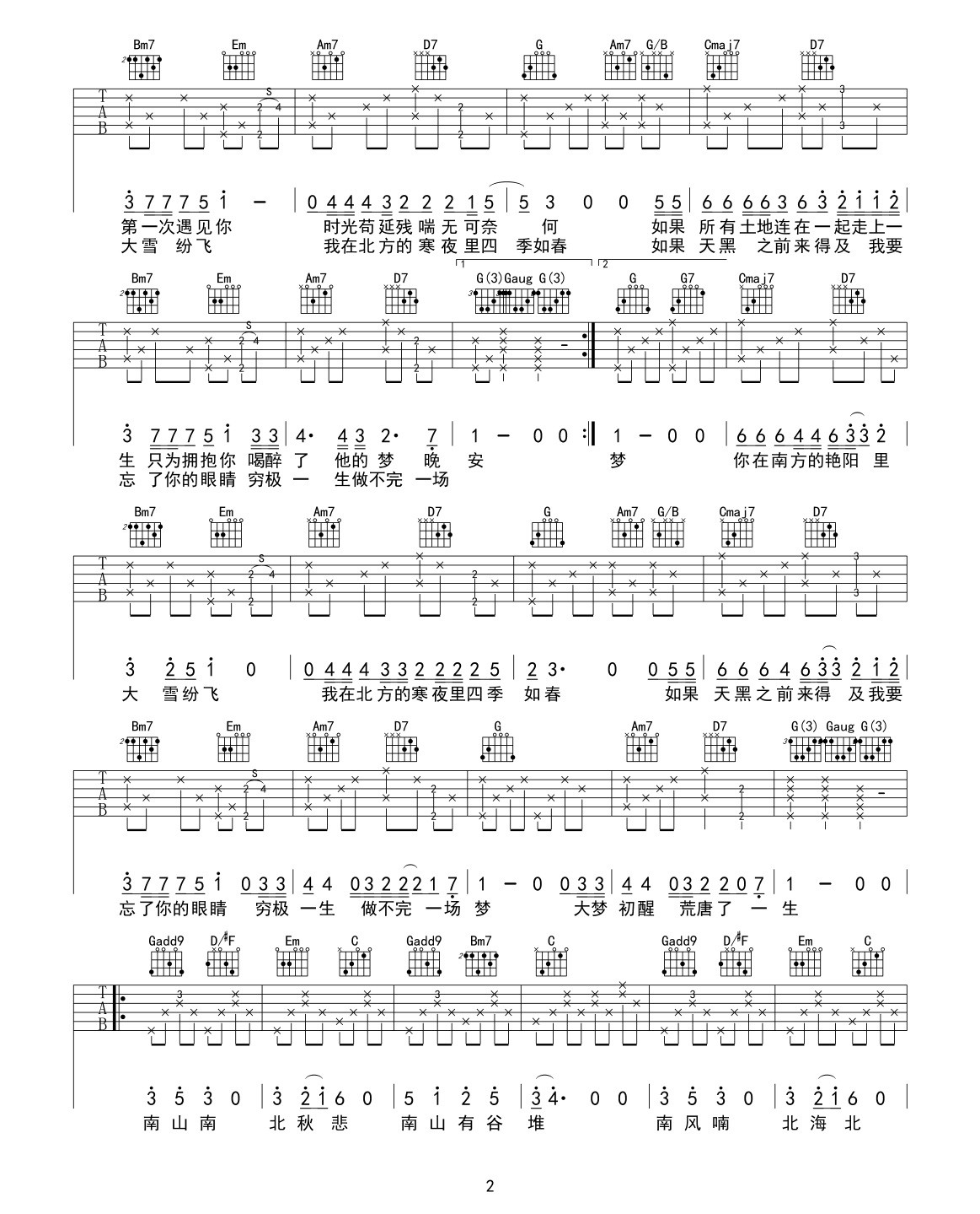 《南山南》吉他谱六线谱G调_马頔