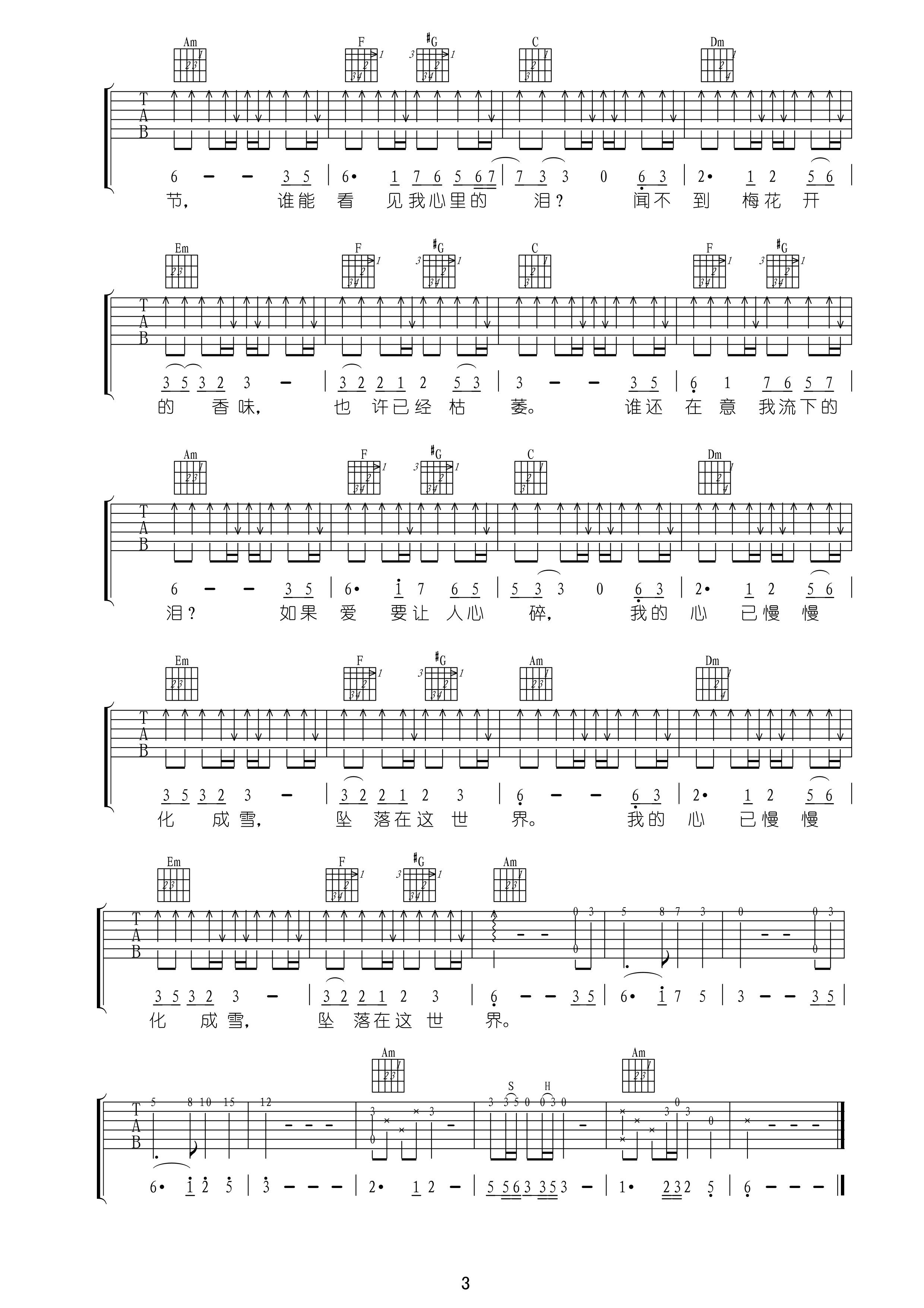 《谁在意我流下的泪》吉他谱六线谱C调_蒋雪儿