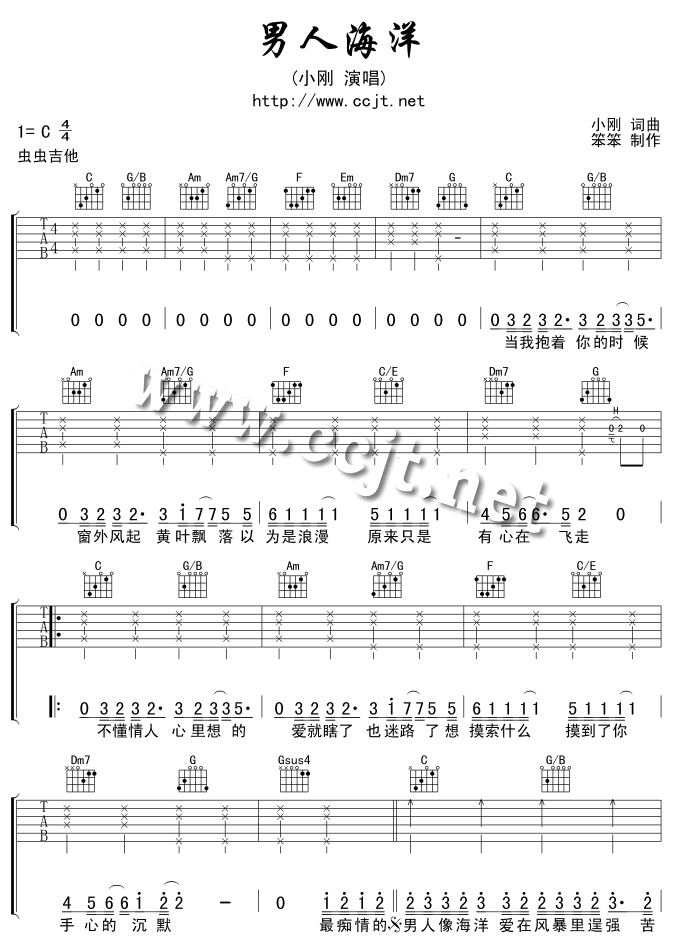 《男人海洋》吉他谱六线谱C调_周传雄