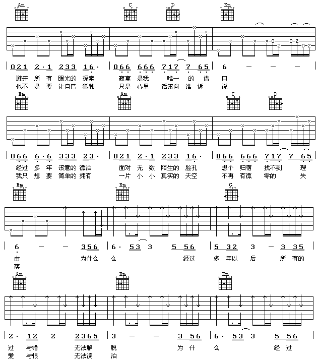 《多年以后》吉他谱六线谱G调＿姜育恒