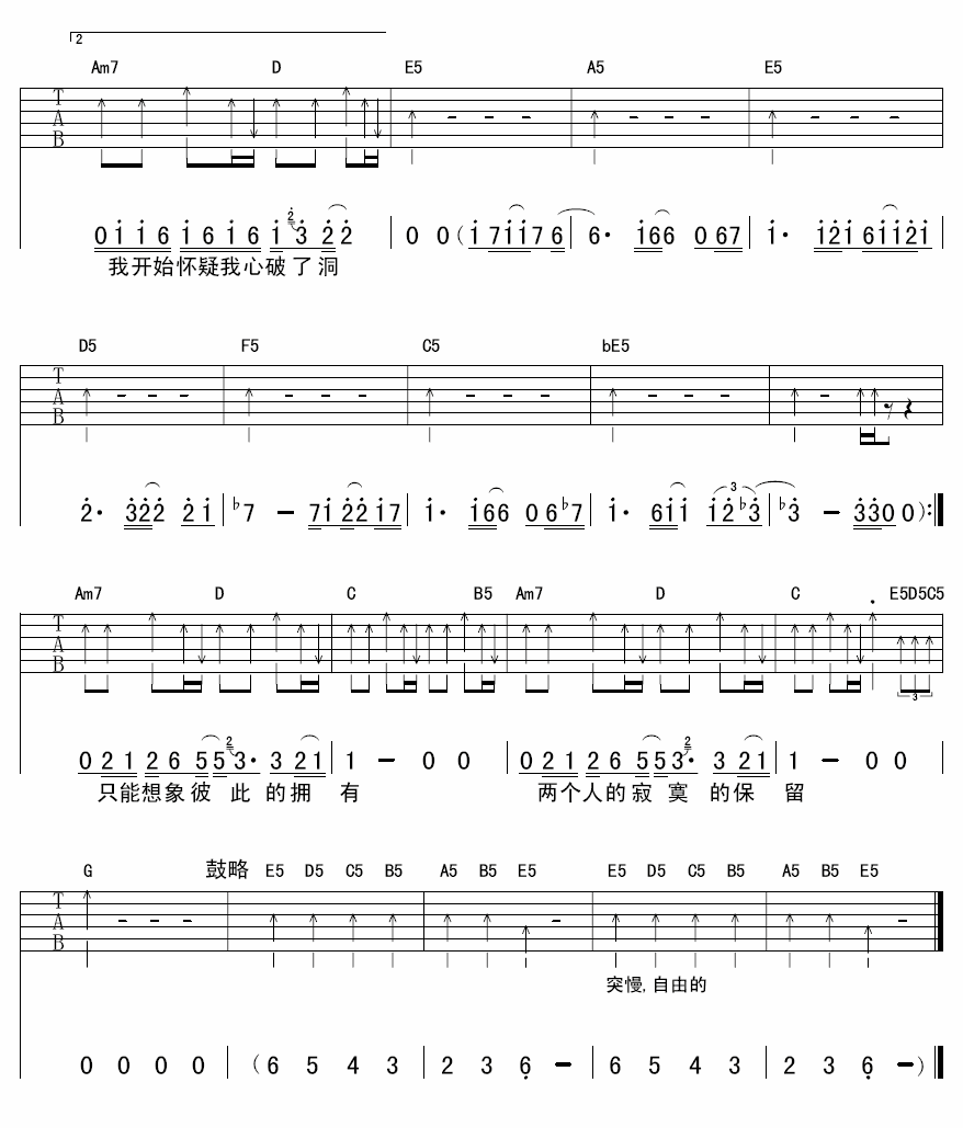 《两个寂寞》吉他谱六线谱G调＿伍佰