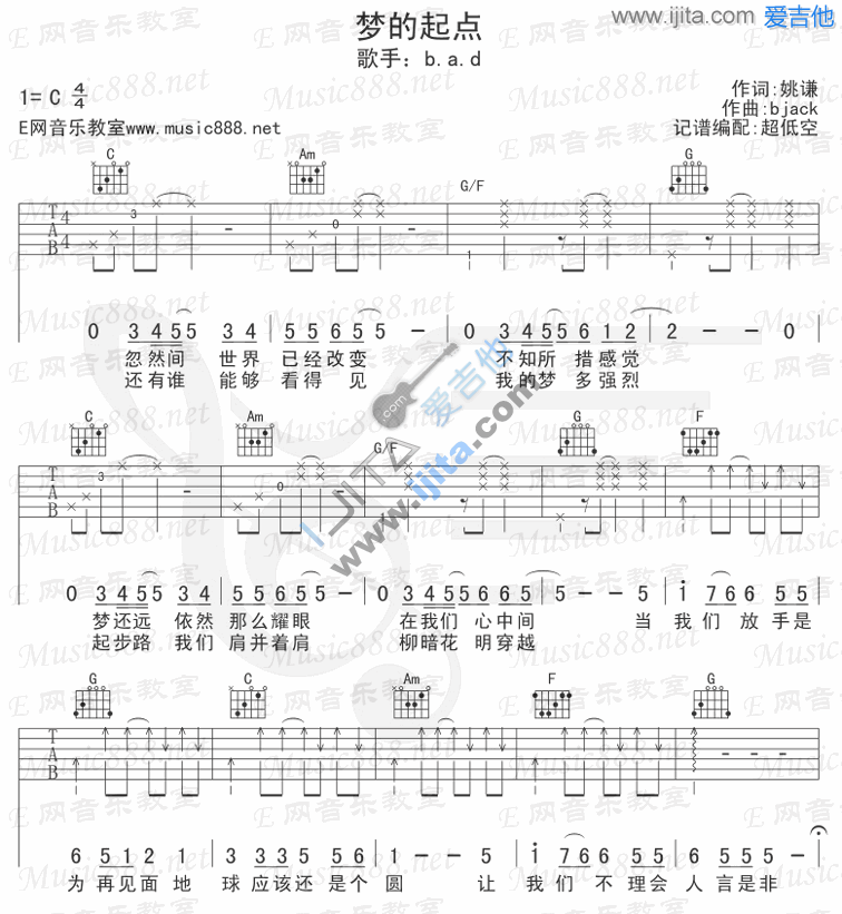 《梦的起点》吉他谱六线谱C调_b.a.d