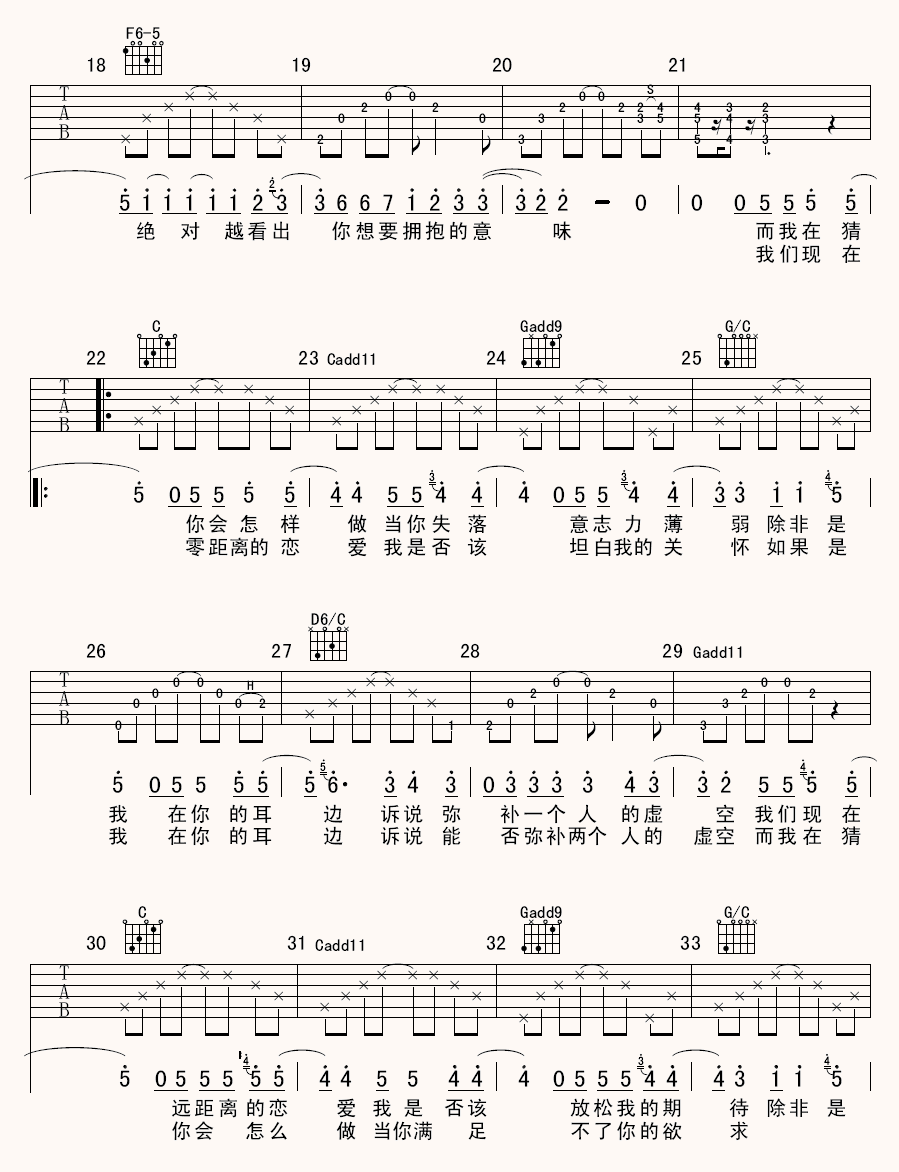 《距离》吉他谱六线谱降E调＿陈绮贞