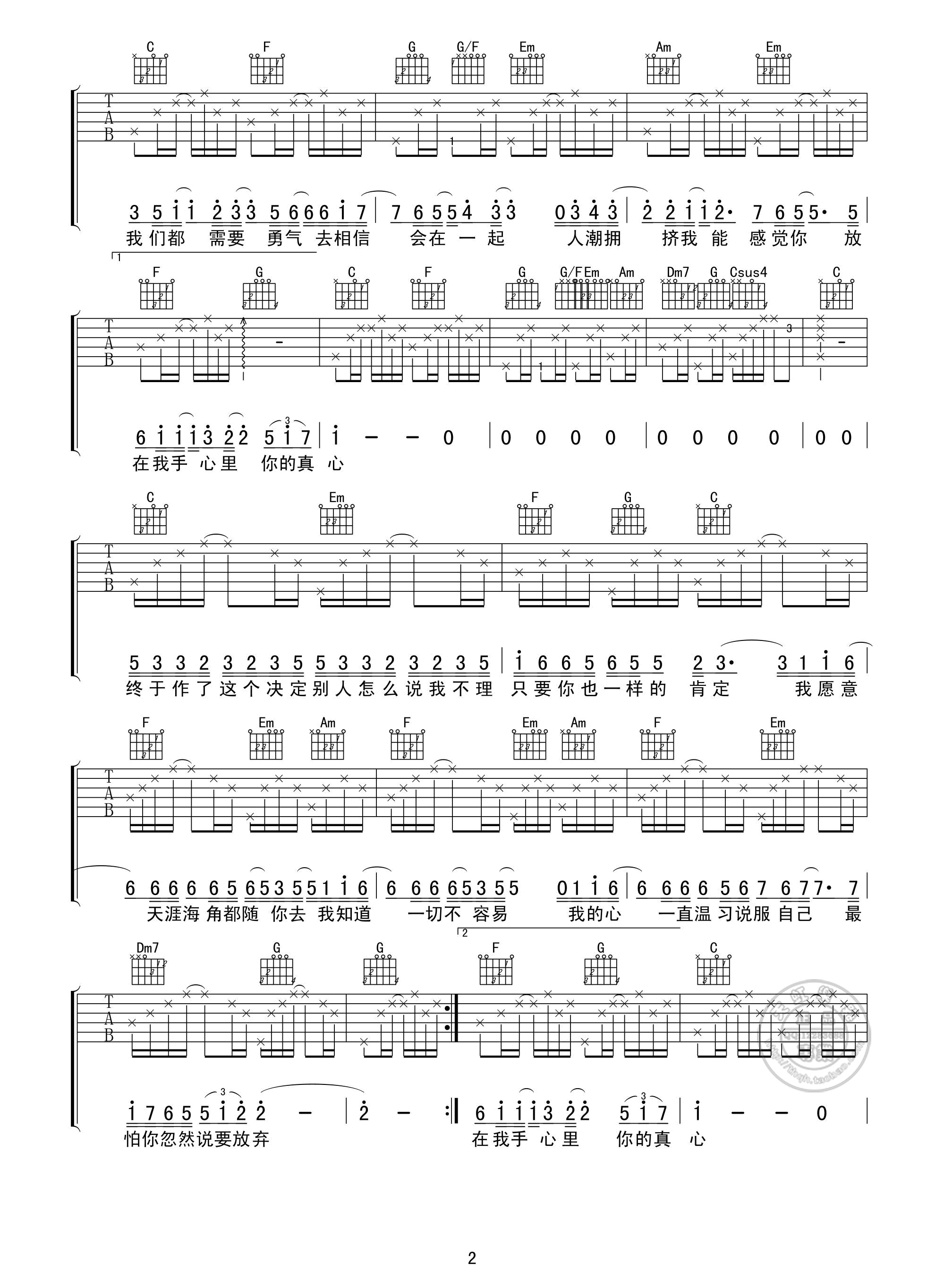 《勇气》吉他谱六线谱C调＿梁静茹