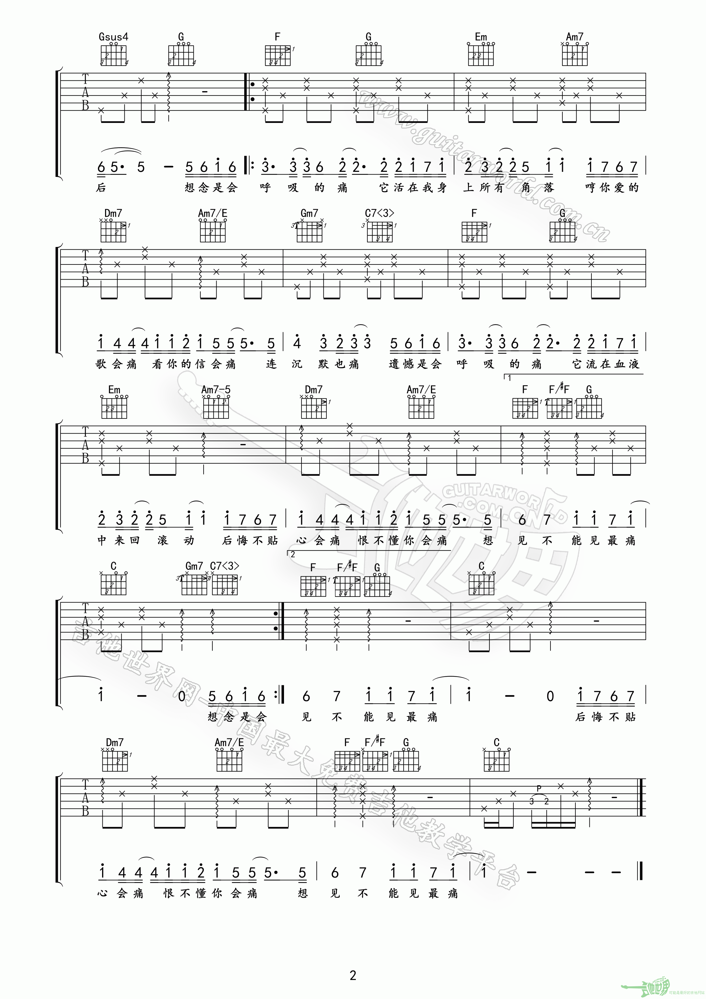 《会呼吸的痛》吉他谱六线谱C调＿梁静茹