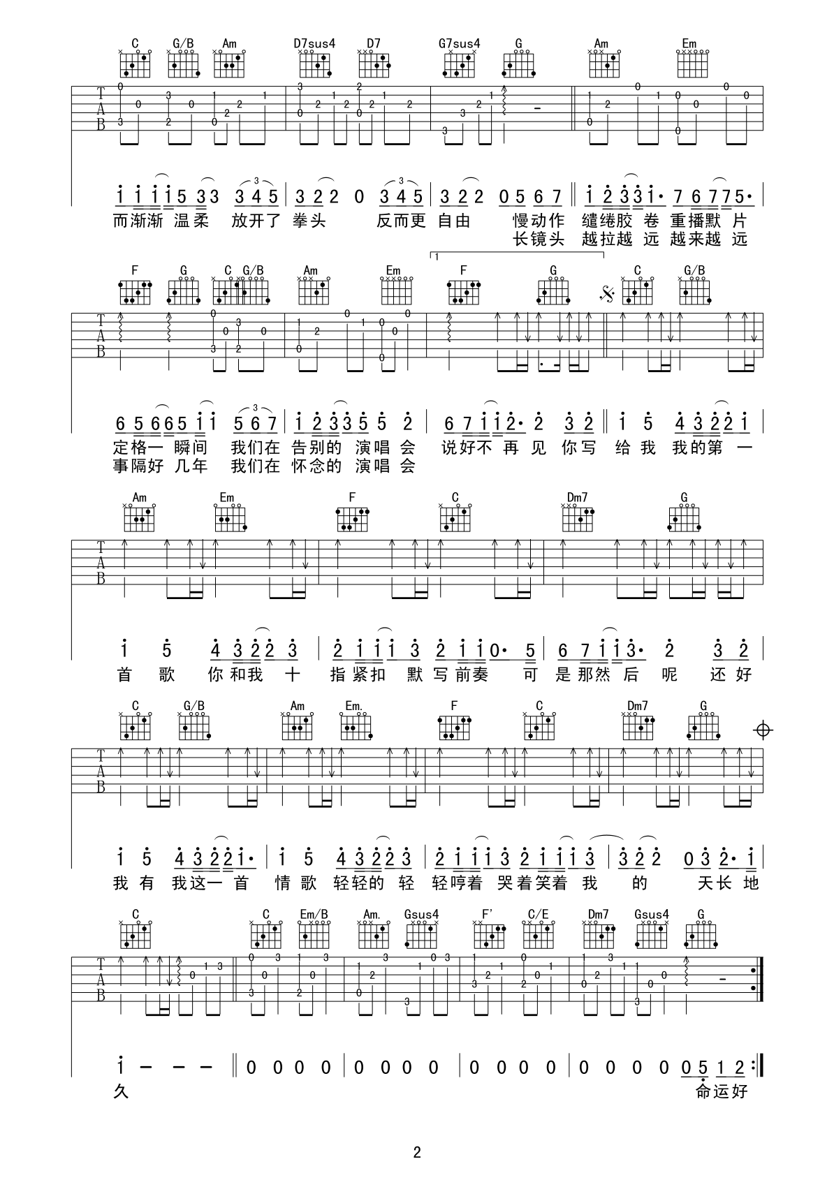《情歌》吉他谱六线谱C调＿梁静茹