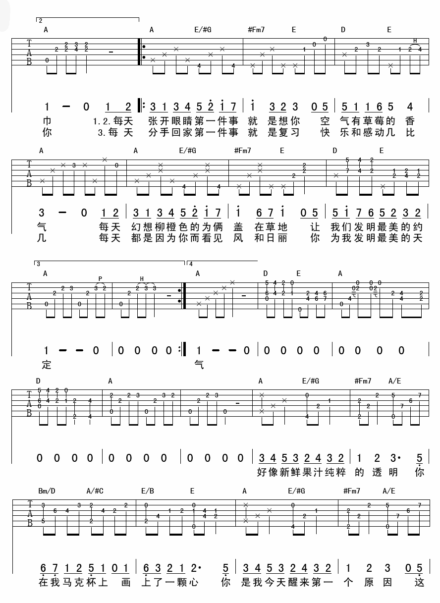 《每天第一件事》吉他谱六线谱A调＿梁静茹