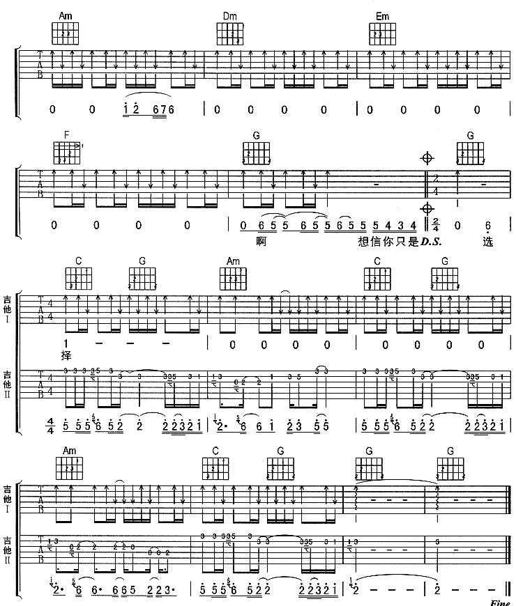 《开始懂了》吉他谱六线谱C调＿孙燕姿