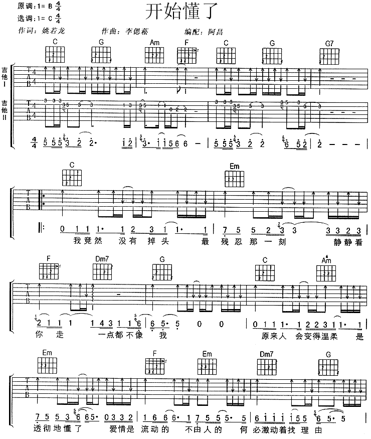 《开始懂了》吉他谱六线谱C调＿孙燕姿