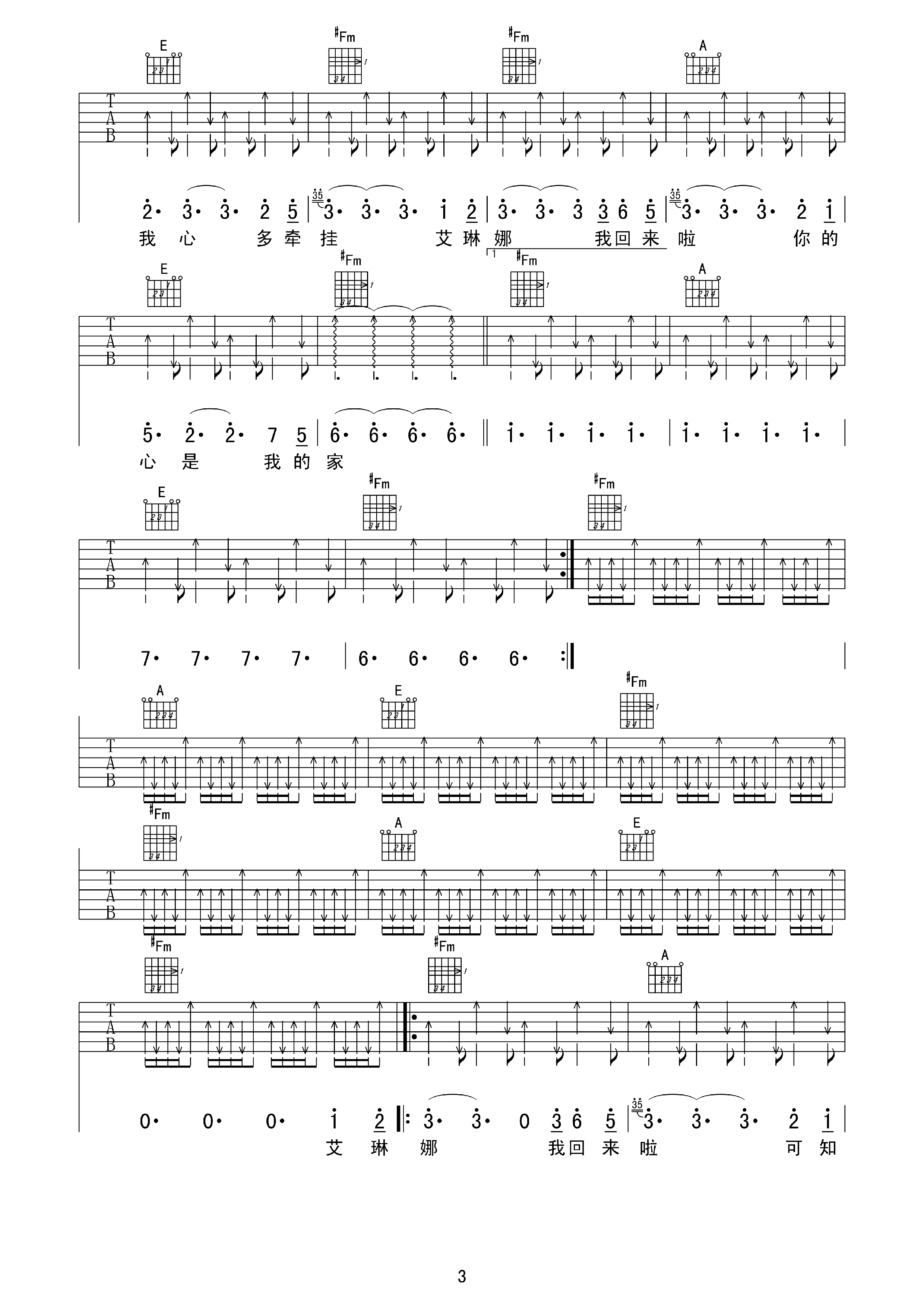 《艾琳娜》吉他谱六线谱A调＿动力火车