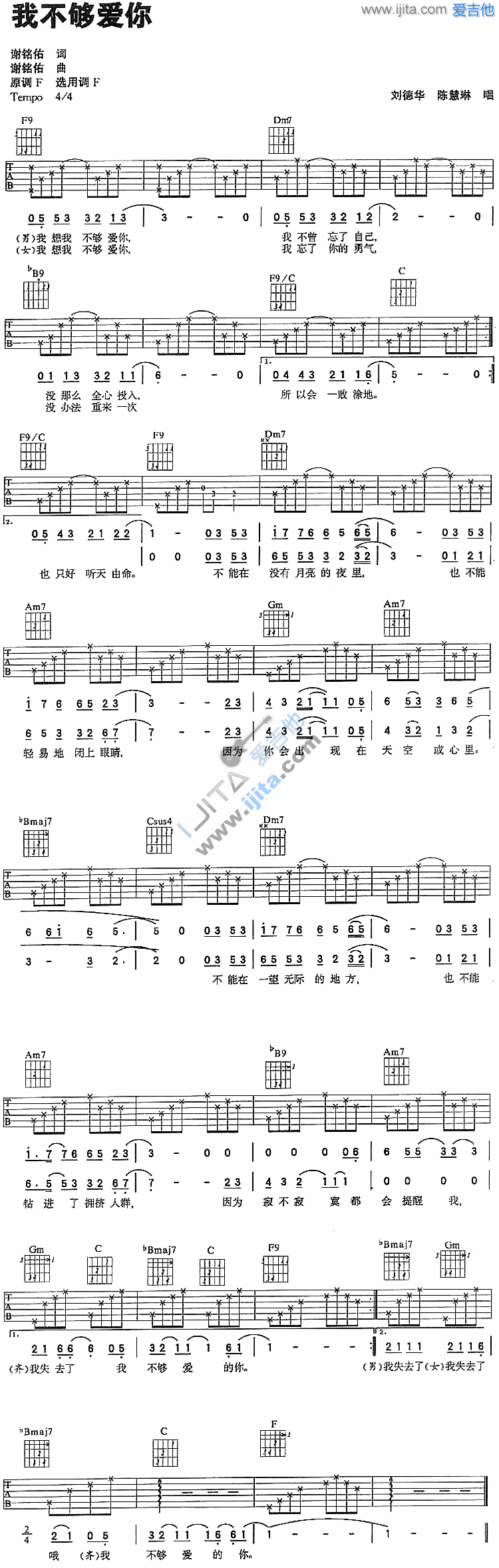 《我不够爱你》吉他谱六线谱F调_陈慧琳