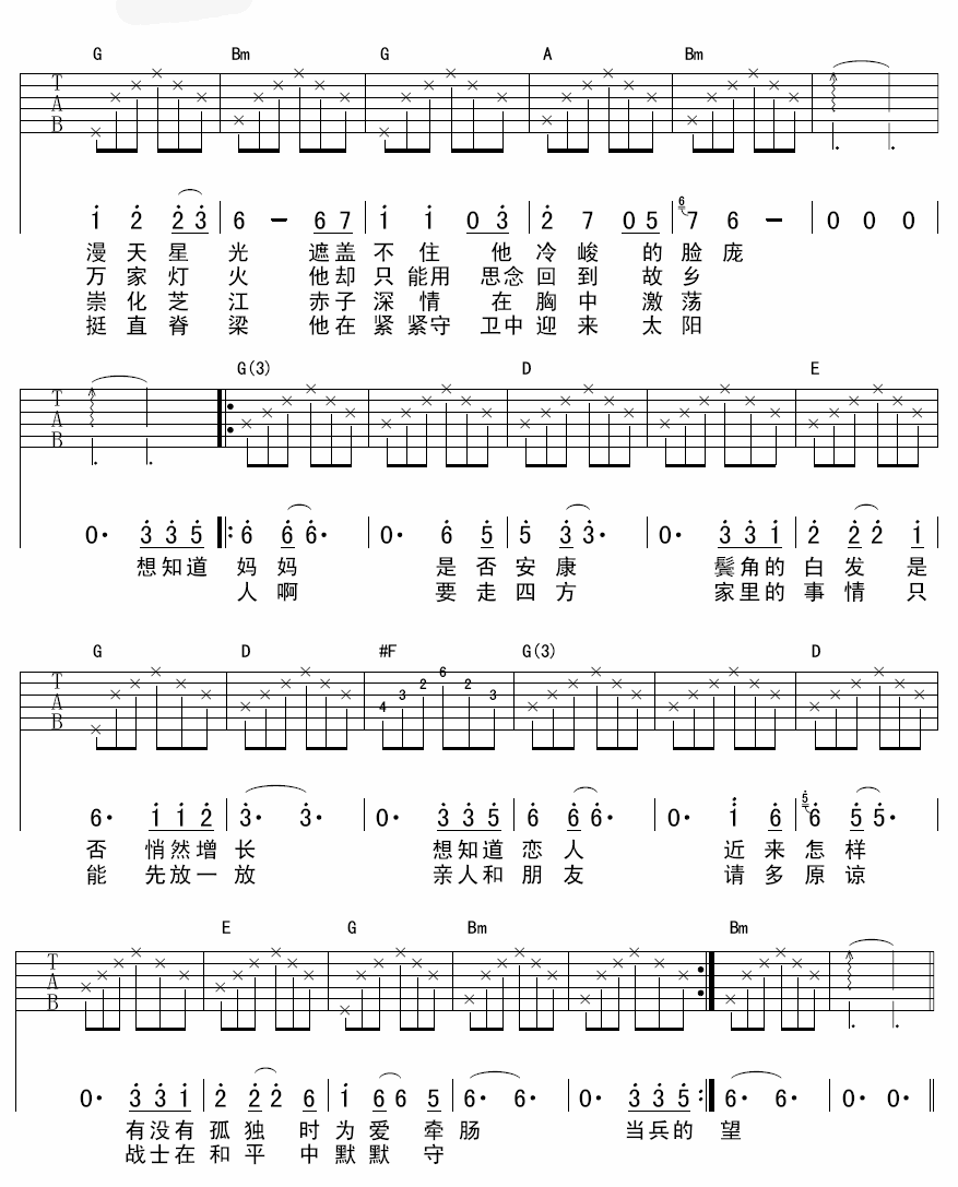 《他在那里站岗》吉他谱六线谱D调＿许飞