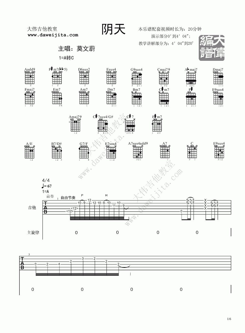 《阴天》吉他谱六线谱C调＿莫文蔚