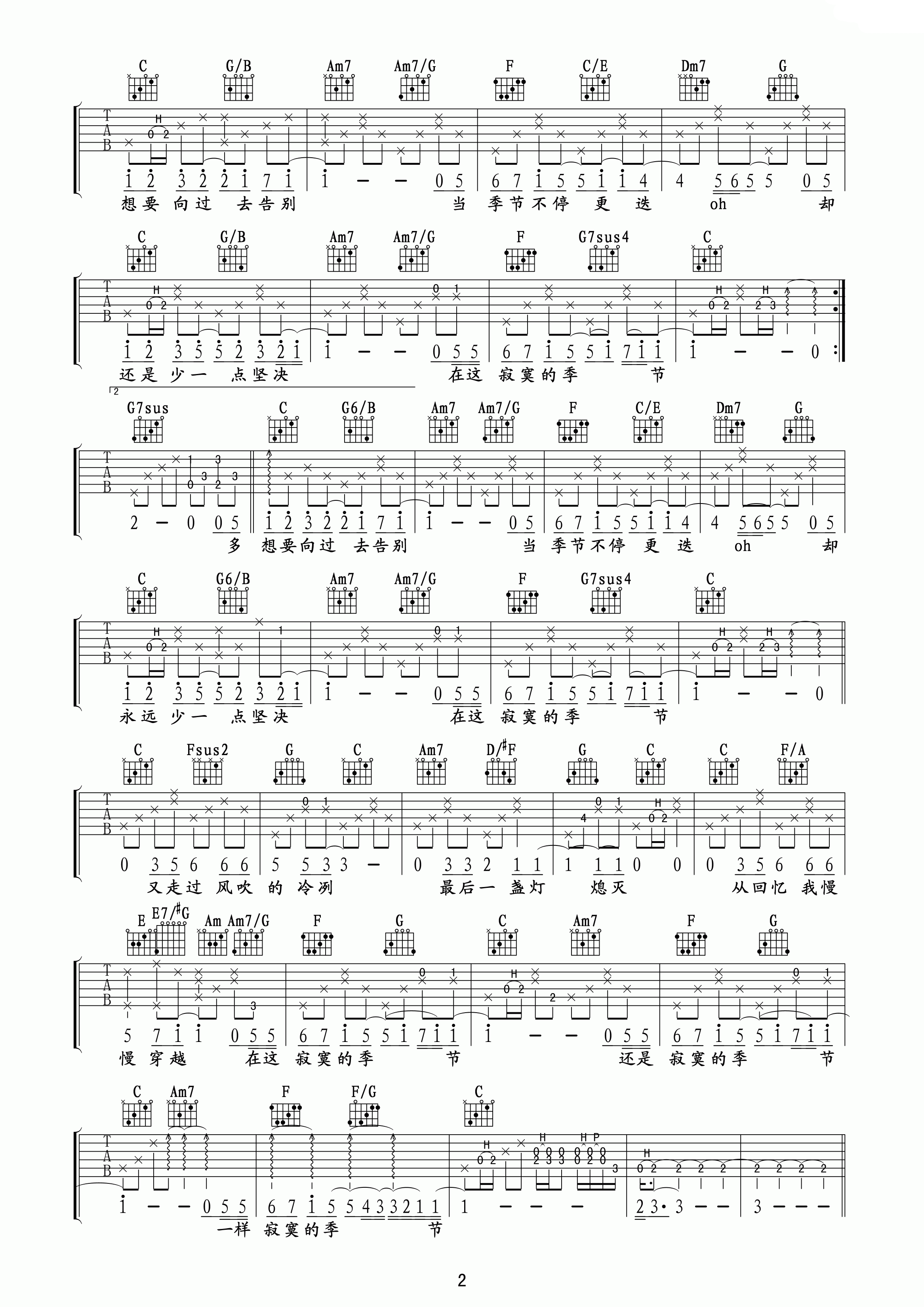 《寂寞的季节》吉他谱六线谱C调_陶喆